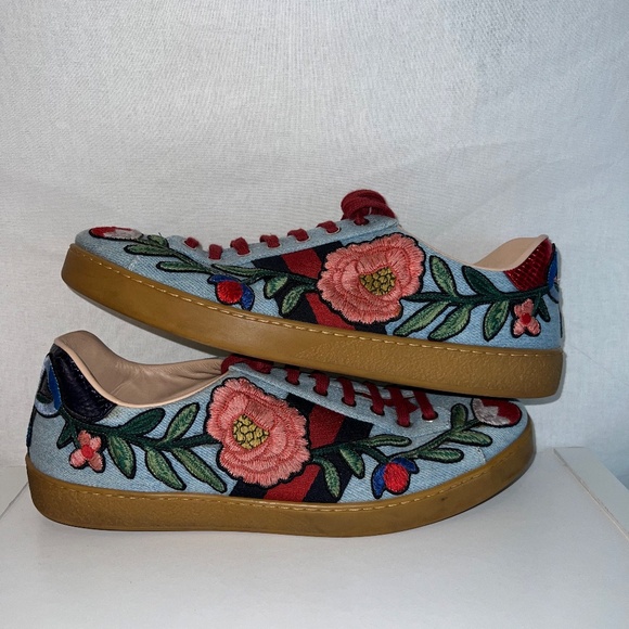 Gucci, Low Top Embroidered Sneakers, Floral Denim Ace, Size 10.5 - Picture 7 of 14